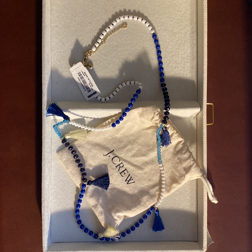 J. Crew Beaded Tassel Blue/White Necklace